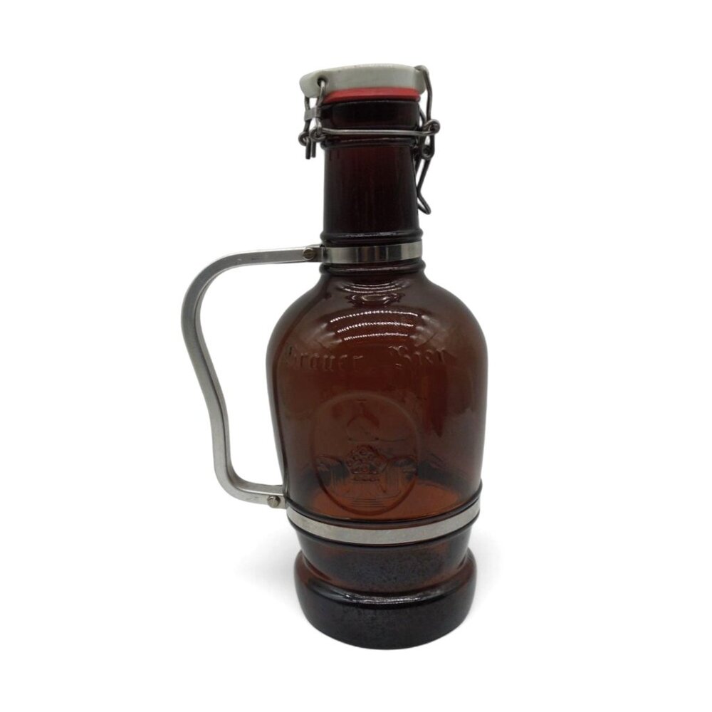 BRAUER BIER Amber Glass Beer Growler Metal Handle & Swing Top Lid, Germany VTG